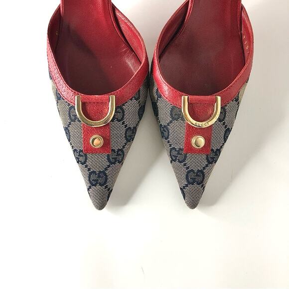 Vintage Gucci D Ring Monogrammed Red Pointed Toe Mules Pumps 37 - Picture 3 of 11